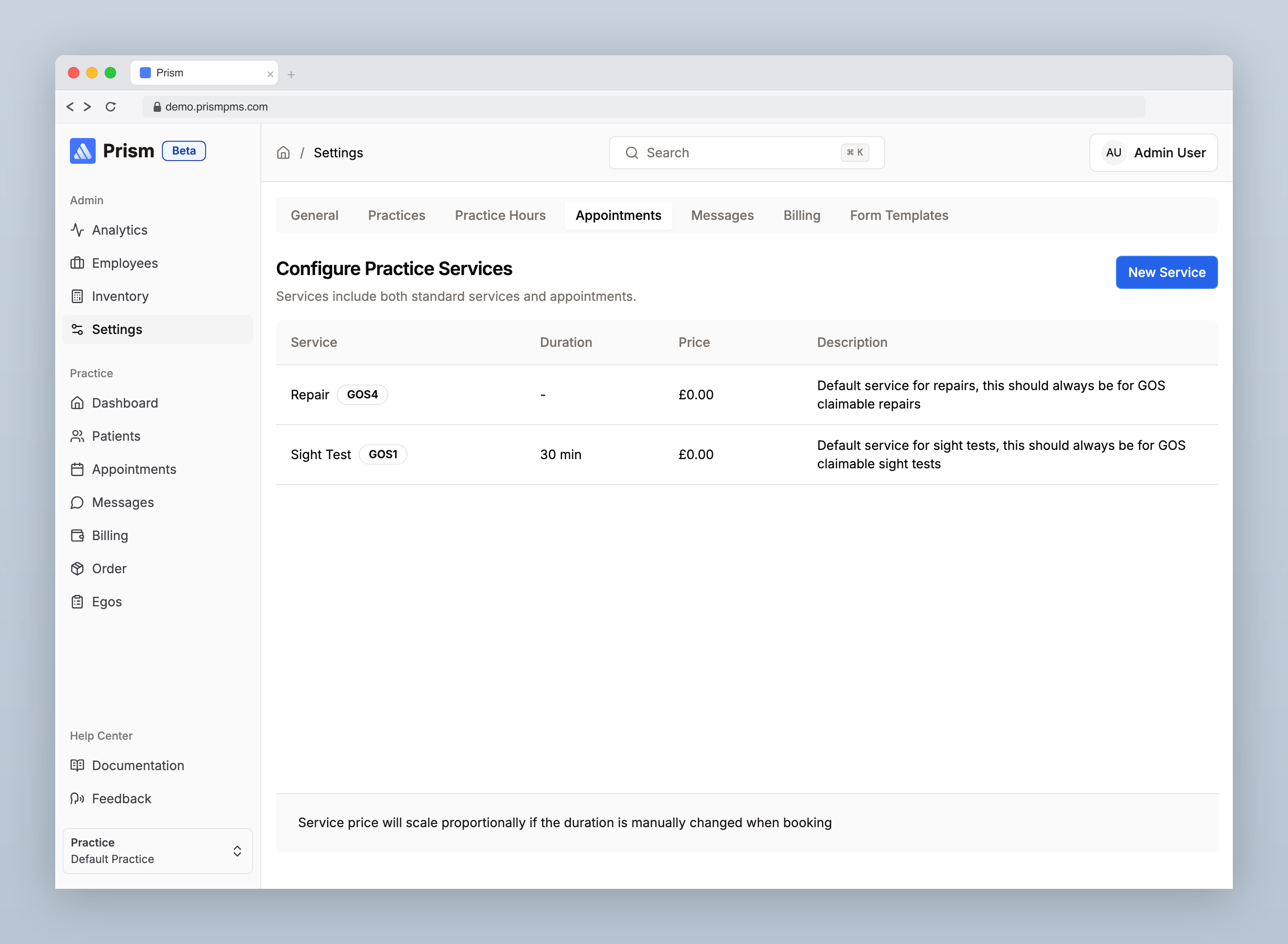 Appointments settings tab showing services list
