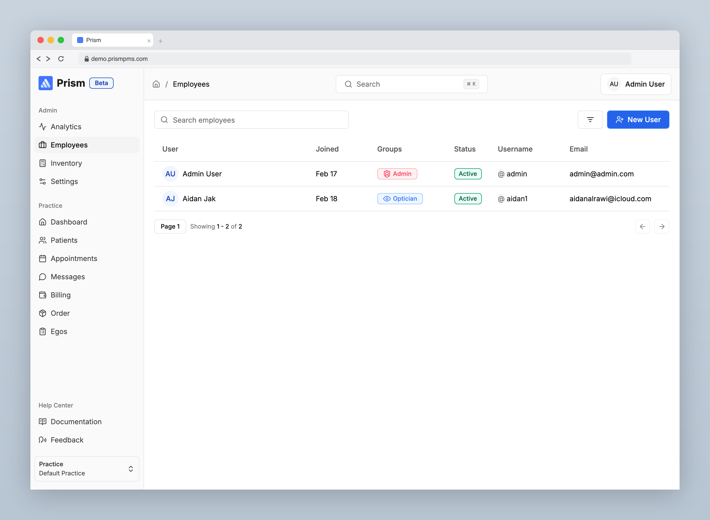 Employees list showing team members with roles and status