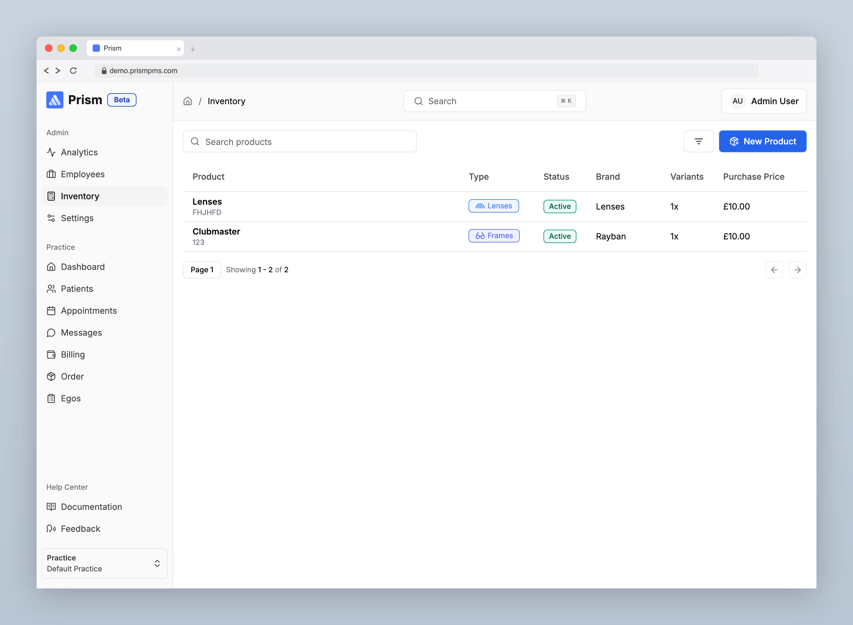 Inventory list showing products with types and pricing