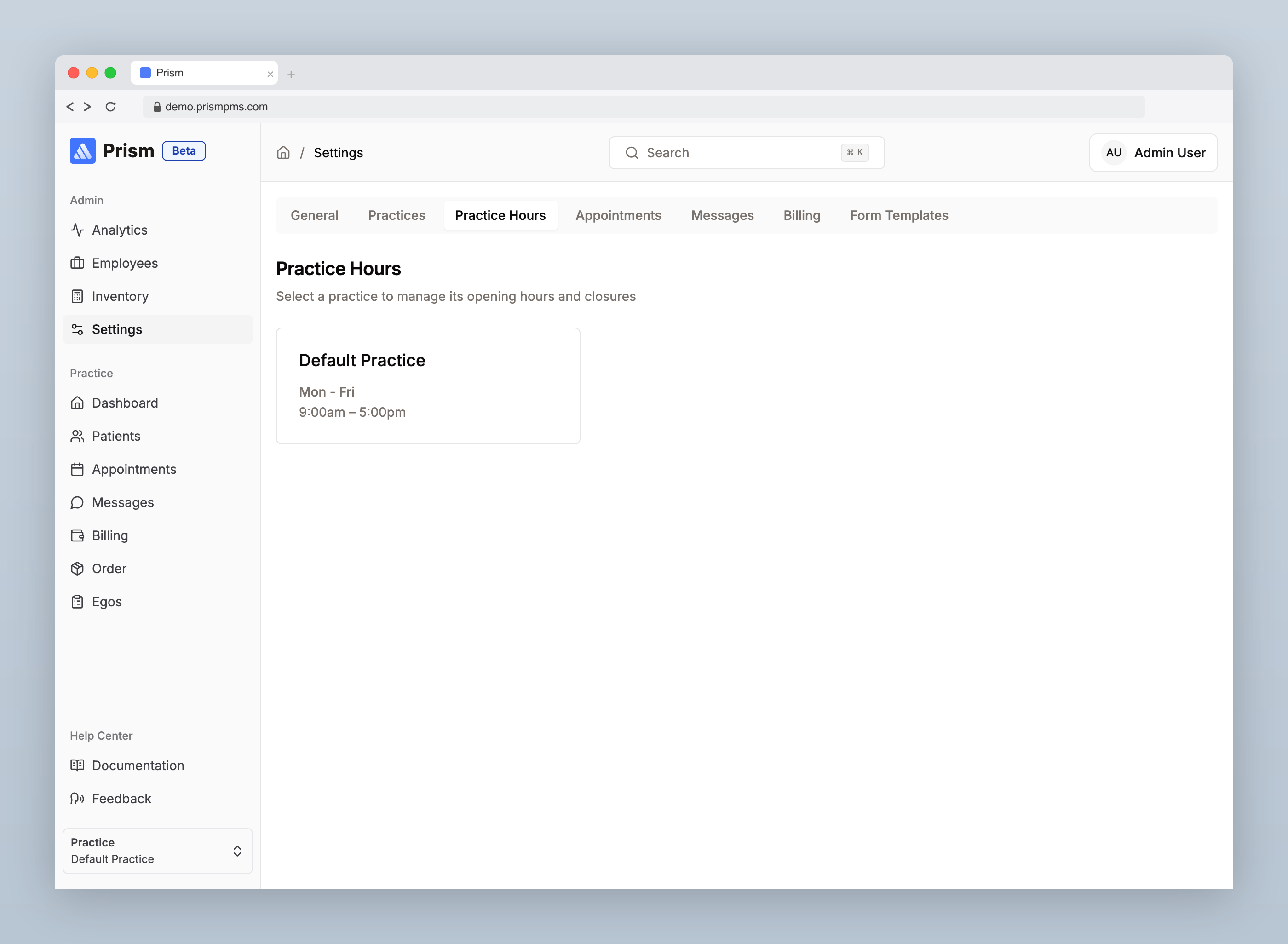 Practice Hours settings tab