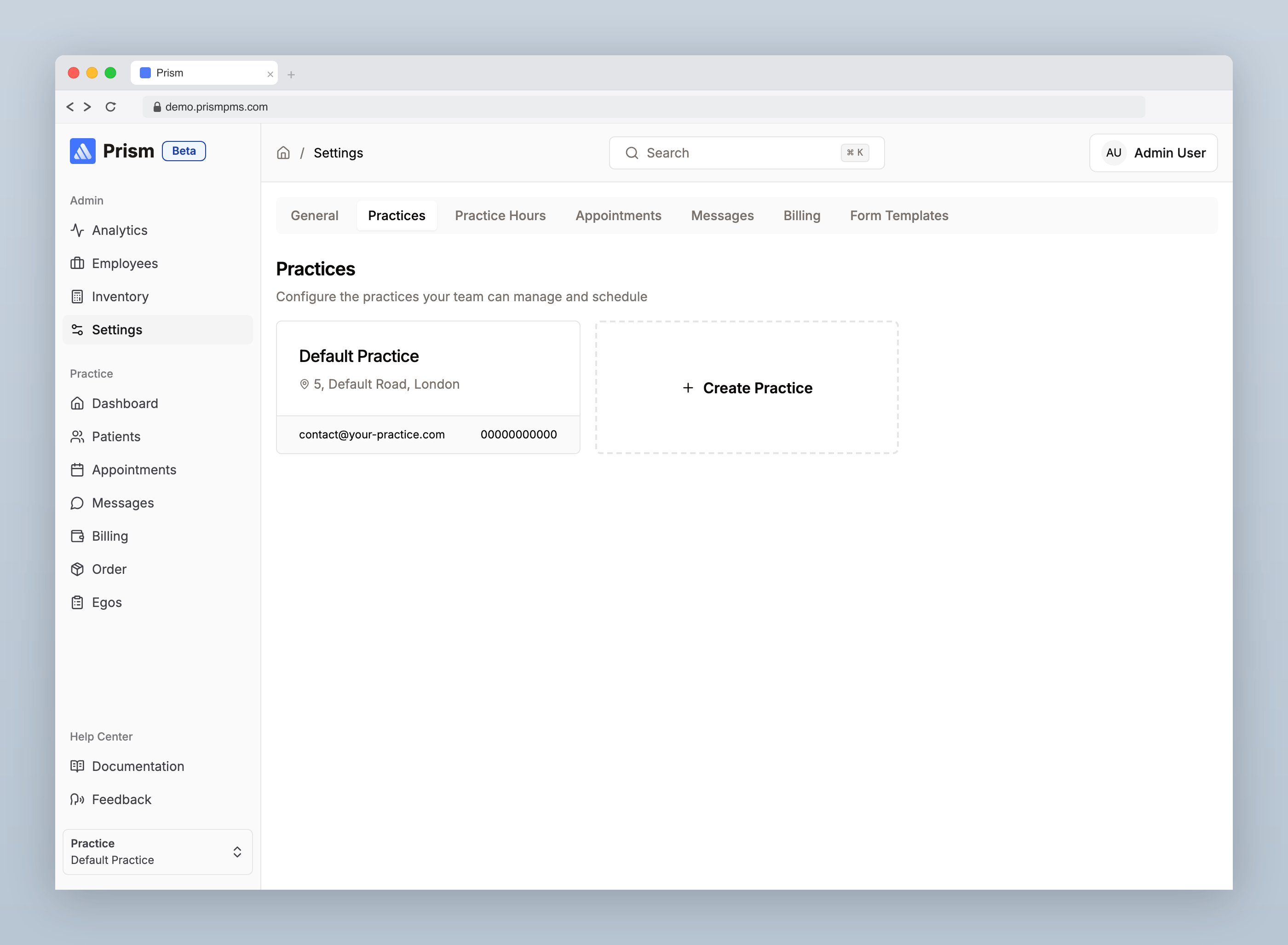 Practices settings tab showing practice list
